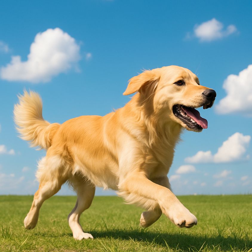 青い空の下で走る犬