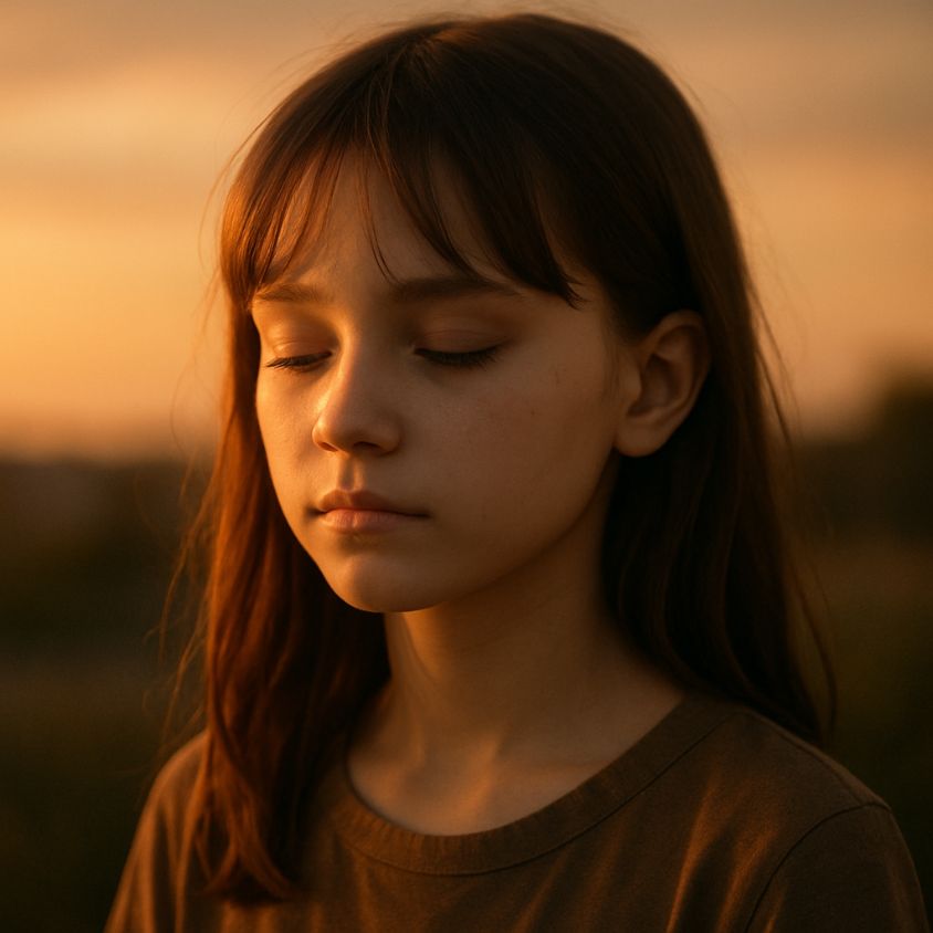 夕焼け　静かな表情をした女の子