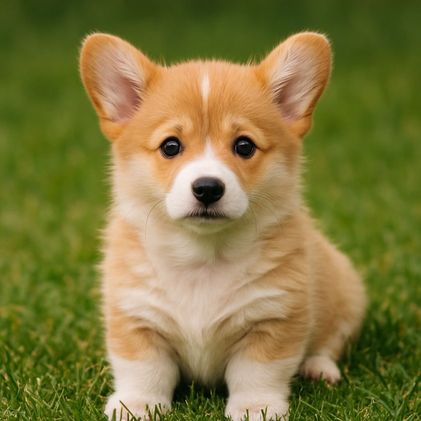 かわいい犬が草の上に座っている