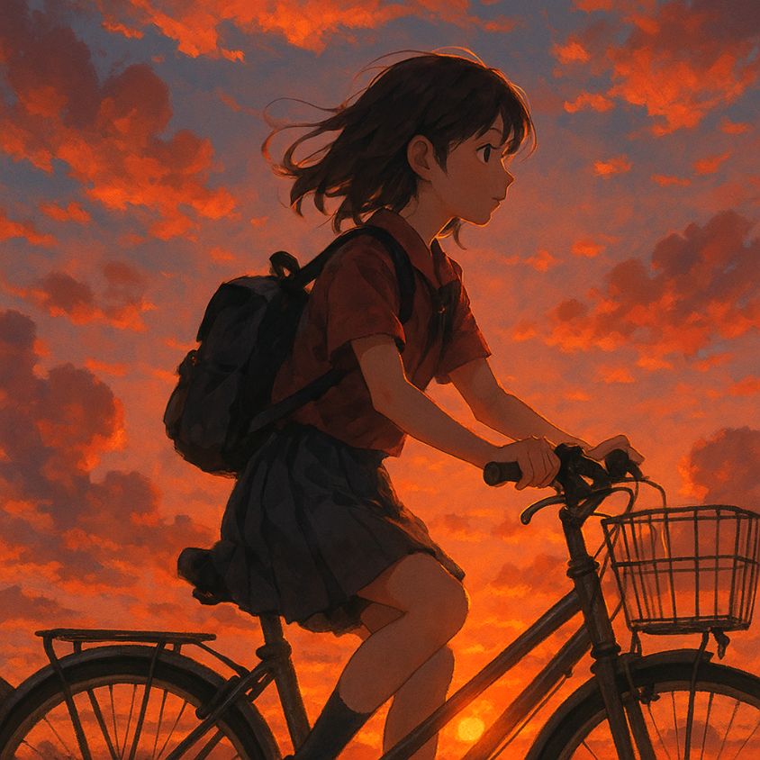 夕焼けの中で自転車に乗る少女
