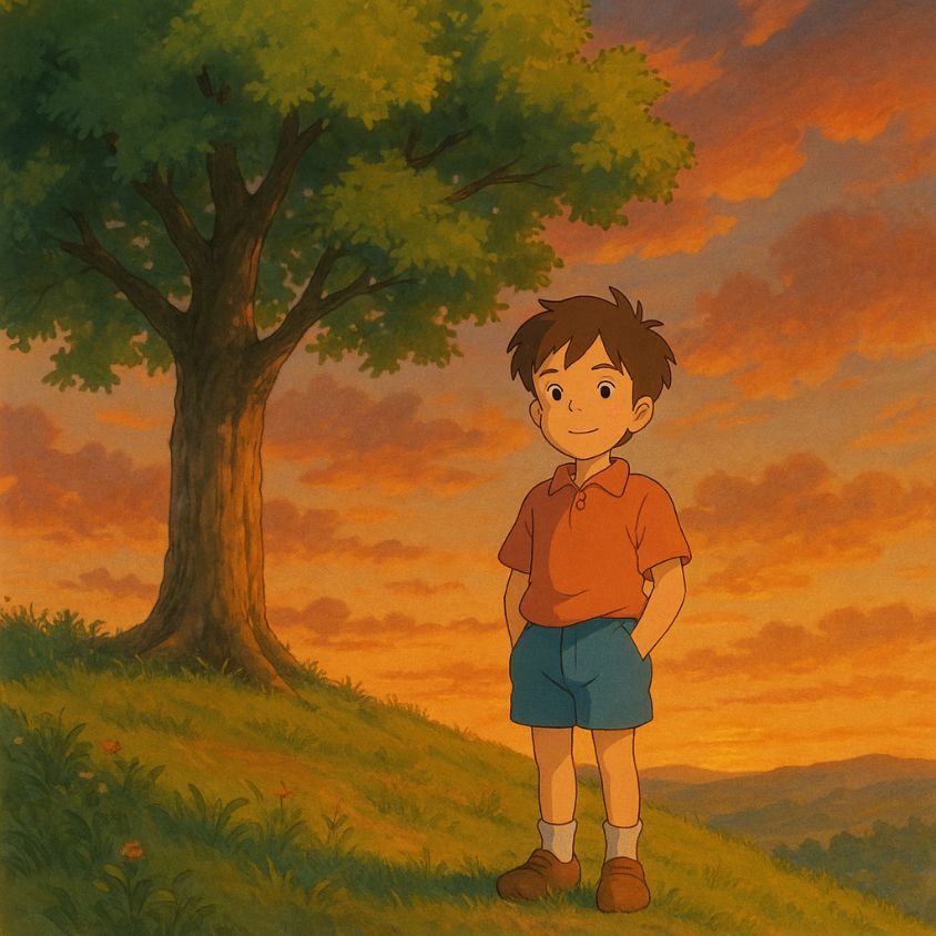 スタジオジブリ風　夕日の中に立つ少年