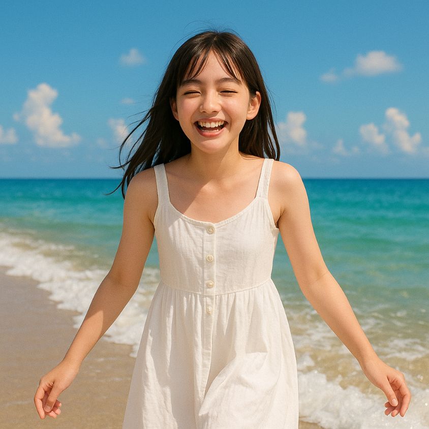 海辺で笑っている女の子